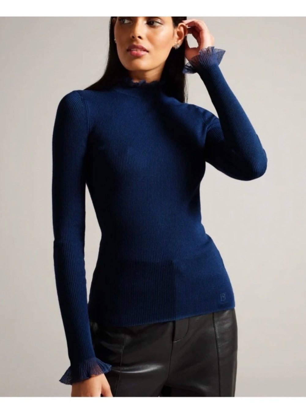 Ted Baker Navy Ribbed Mock-Neck Sweater with Frilled Cuffs